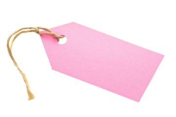 Blank pink paper gift tag with string isolated on transparent background. Pink paper tag with string designed for use in labeling gift wrapping isolated on white background.