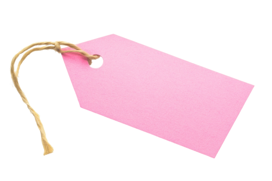 Blank pink paper gift tag with string isolated on transparent background. Pink paper tag with string designed for use in labeling gift wrapping isolated on white background.