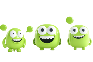 Cute green cartoon characters with big eyes and smiles isolated on transparent background. Playful green and white speech bubble characters isolated white background, 3D Rendering.