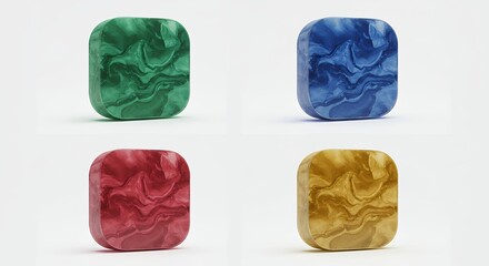 Fototapeta premium Four colorful square objects with marbled patterns