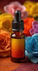 Amber dropper bottle surrounded by colorful flowers
