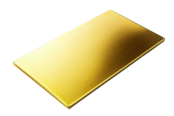 Shiny gold rectangular plate isolated on transparent background. Polished rectangular gold metal plate with a smooth glossy finish isolated on white background.