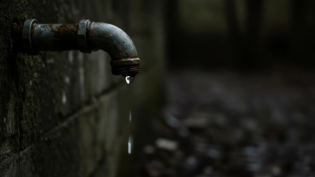 Old rusty outdoor tap dripping a single drop of water, showing water waste and scarcity concept. Slow motion video.