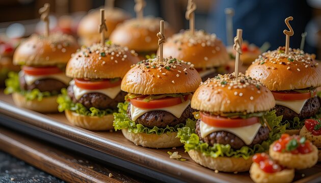 Delicious mini burgers with fresh ingredients ready to be served at a catered event