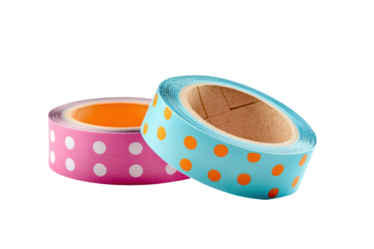 Light blue polka dot decorative tape roll isolated on transparent background. Polka dot washi tape roll isolated on white background, 3d rendering.