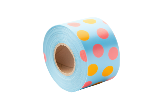 Light blue polka dot decorative tape roll isolated on transparent background. Polka dot washi tape roll isolated on white background, 3d rendering.
