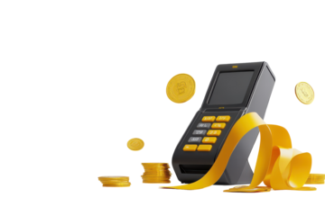 Calculator with golden leaves and coins isolated on transparent background. POS terminal with receipt credit card yellow cashback ribbon and gold coins isolated on white background, 3D Rendering.