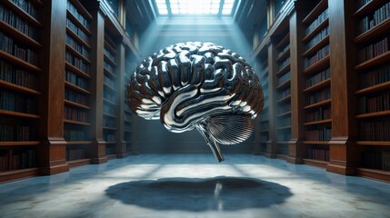 Silver brain model in a classic library, symbolizing intelligence and thought.
