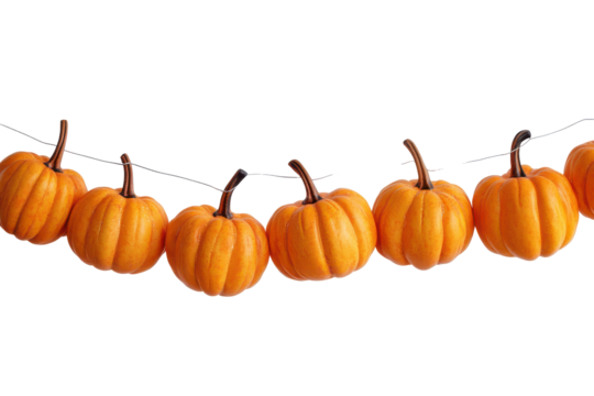 Autumnal pumpkin garland decoration isolated on transparent background. Pumpkin garland decoration features small pumpkins perfect for fall and halloween decorations isolated on white background.