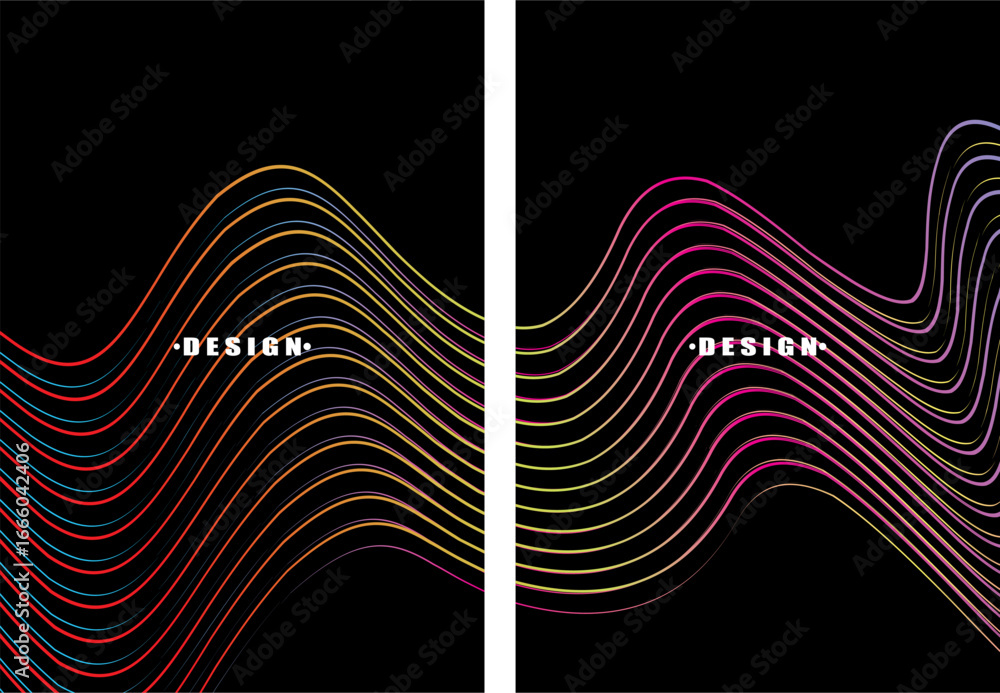 Poster a set of dark themed abstract vector backgrounds featuring a dynamic flowing wave pattern consisting