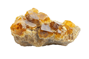 Raw citrine crystal cluster isolated on transparent background. Raw gold nugget rock specimen showcasing its natural shiny texture and bright golden color isolated on white background.