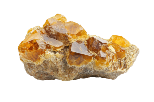 Raw citrine crystal cluster isolated on transparent background. Raw gold nugget rock specimen showcasing its natural shiny texture and bright golden color isolated on white background.