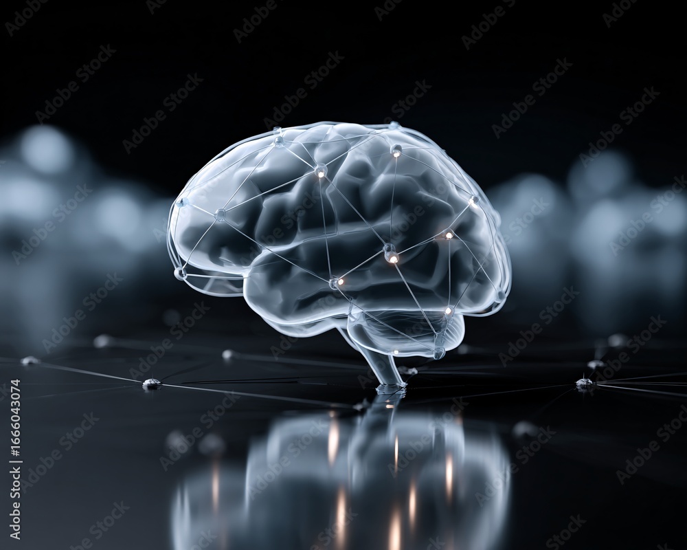 Poster 3d render of glowing brain hologram with interconnected data streams, modern tech style, copyspace