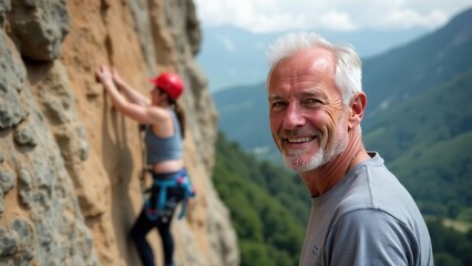 attractive elderly caucasian smiling man climber on mountain. extremal old man on stone wall. extrem jorney. active sport life. pensioner traveler rock climber climbs a rock.