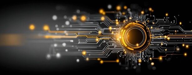 Abstract circuit board design with glowing orange accents and dark background