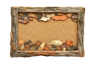 Wooden frame filled with dried natural moss and plant material isolated on transparent background. Rectangular cork bulletin board with wooden frame isolated on white background.