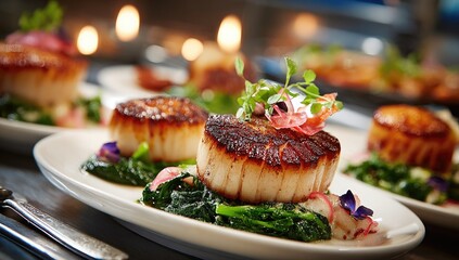 Sea scallops,  plated with spinach and edible flowers, garnished with delicate herbs.  Restaurant meal