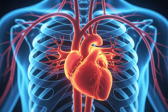 3d rendering of the heart within the chest cavity showing aorta atria ventricles valves and vascular network for cardiology anatomy education and healthcare