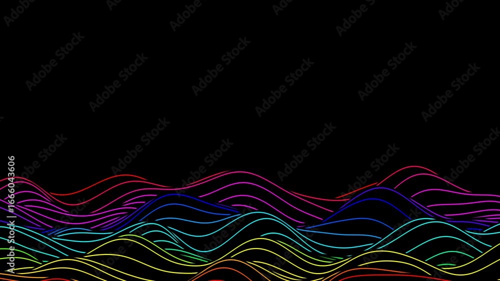 Poster abstract colorful wavy lines on a black background, representing sound waves or data flow
