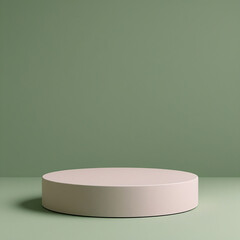 A sleek white acrylic podium against a muted sage-green background, lit with soft diffused studio lighting