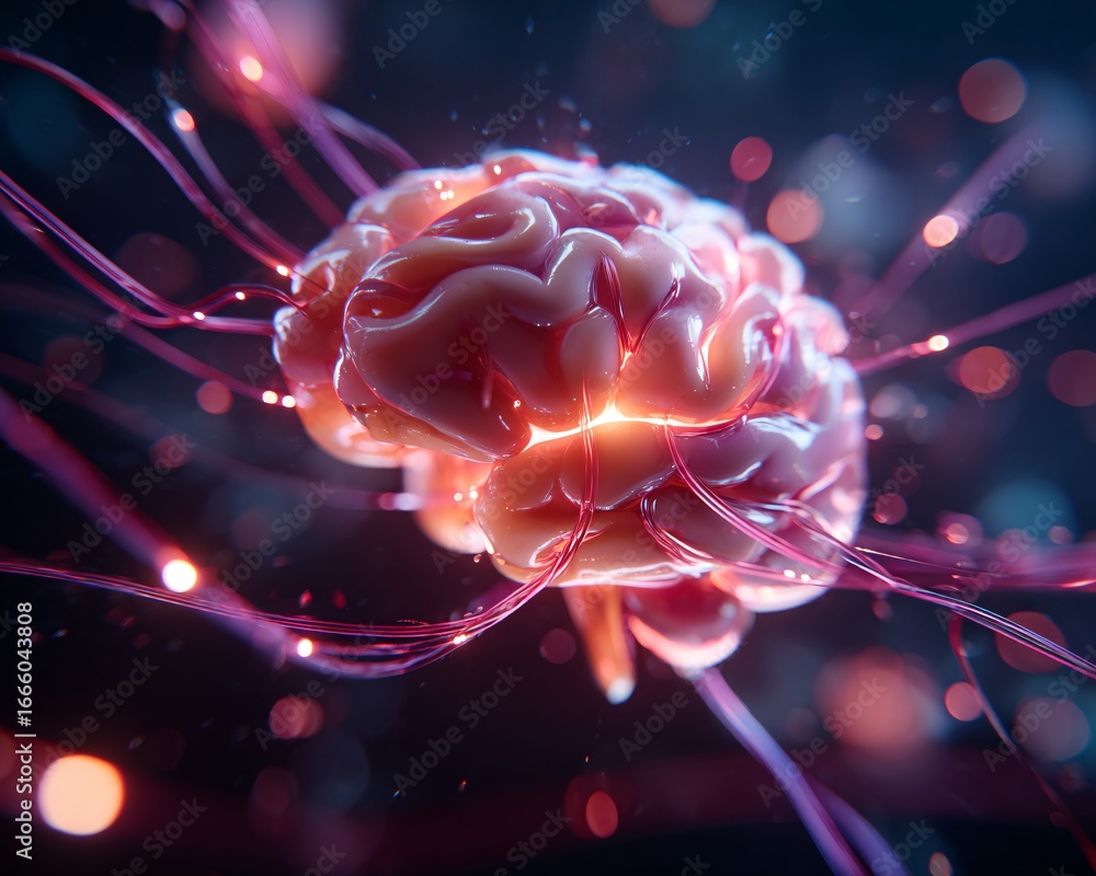 Poster 3d render of glowing brain hologram with interconnected data streams, modern tech style, copyspace