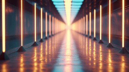 Neon corridor, purple walls, orange lights, reflective floor, futuristic background, virtual reality