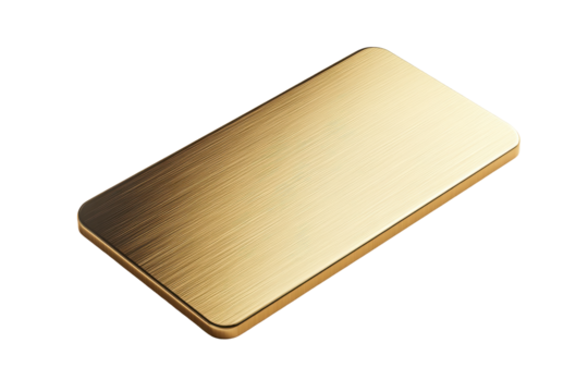 Shiny gold bar isolated on transparent background. Rectangular gold metal plate with a smooth polished surface and rounded edges isolated on white background.
