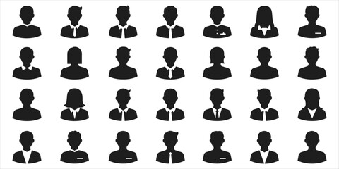 A Grid of 30 Black Silhouette Icons of Diverse Business People woman