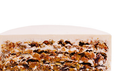 Layers of creamy dessert with nuts and chocolate in a culinary presentation