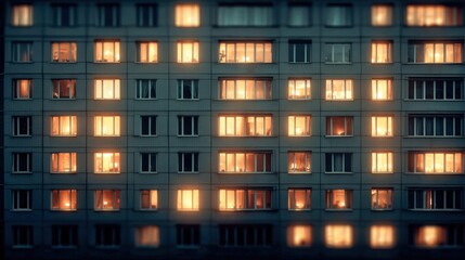 The apartment building glows warmly with lights in the evening as dusk falls.