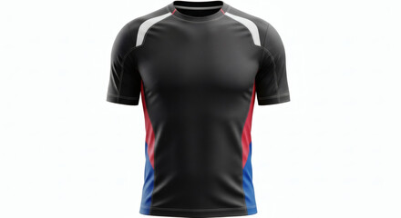 A black athletic t-shirt with red and blue accents and white shoulder panels, presented on a white background.