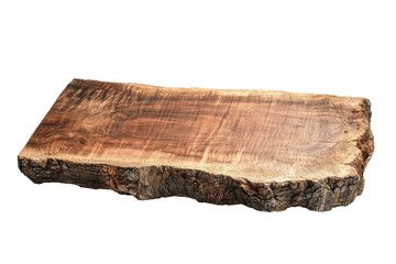 Fototapeta premium Single piece of firewood with bark isolated on transparent background. Rectangular wooden slab with bark edges highlighting natural wood grain and texture isolated on white background.