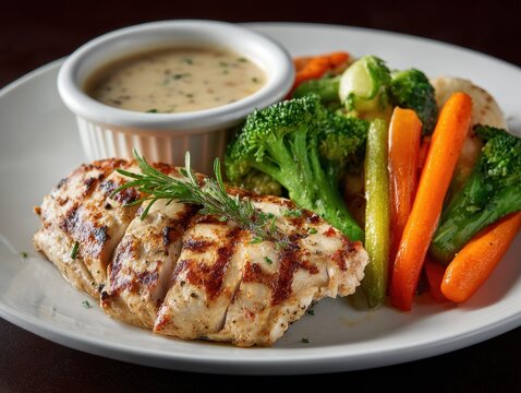 Grilled chicken with vegetables & creamy sauce on a white plate, angled close-up view - Powered by Adobe