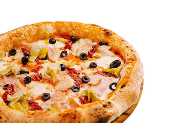 Delicious pizza topped with ham, artichokes, and black olives on wooden board