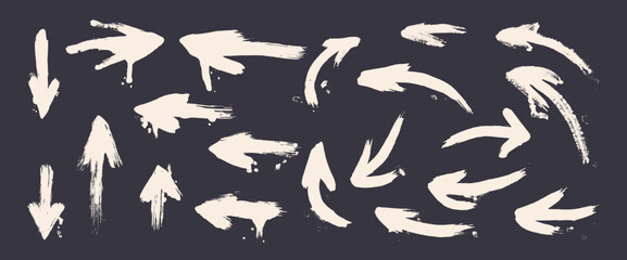 Arrows white brush drawn set. Spray graffiti paint straight and curved point elements isolated on dark background. Grunge hand drawn textured navigation. Urban street turn sign. Vector illustration.