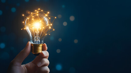 Hand holding a light bulb with a digital network connection on a dark blue background. Illustration of an idea background.