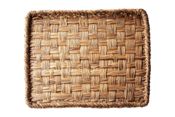 Square woven straw coaster isolated on transparent background. Rectangular woven rattan mat with a braided edge featuring natural fibers isolated on white background.