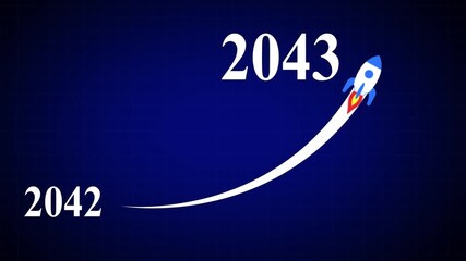 Animated numbers transitioning from drawing an upward trend 2042 to 2043 with a flying rocket on transparent background. Symbolizes future progress, new year startup goals, business plans.