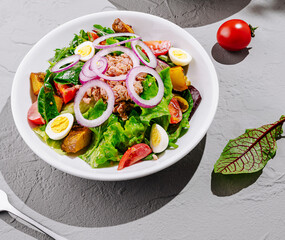 Fresh salad bowl with vegetables and tuna garnished elegantly