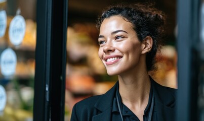 Smiling woman stands at the entrance of a vibrant market