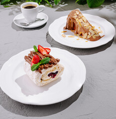 Dessert assortment with coffee served outdoors in a serene setting
