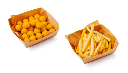 Golden cheese balls and crispy French fries served in paper trays