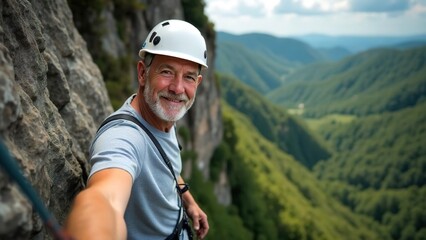 attractive elderly caucasian smiling man climber on mountain. extremal old man on stone wall. extrem jorney. active sport life. pensioner traveler rock climber climbs a rock. 4K.