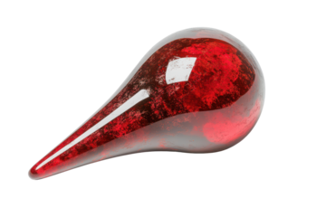 Single red glass droplet with glittery inclusions isolated on transparent background. Red map pin illustration representing a location marker with a glossy rounded design isolated on white background.