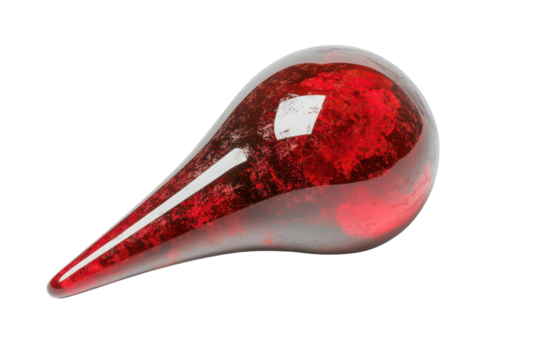 Single red glass droplet with glittery inclusions isolated on transparent background. Red map pin illustration representing a location marker with a glossy rounded design isolated on white background.