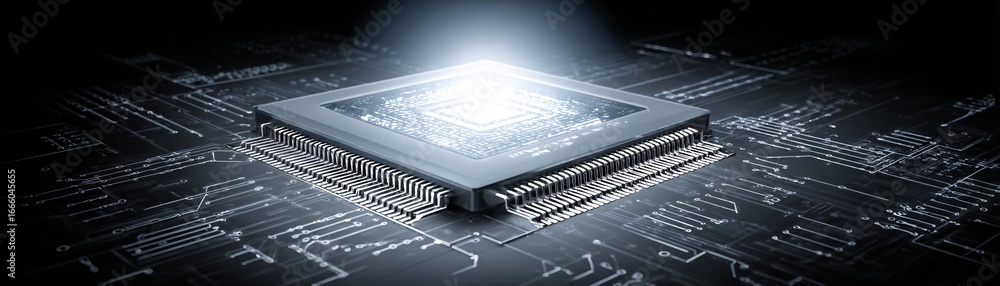 Aufkleber abstract minimal glowing circuit pattern shaped like ai chip, floating on futuristic surface, copysp