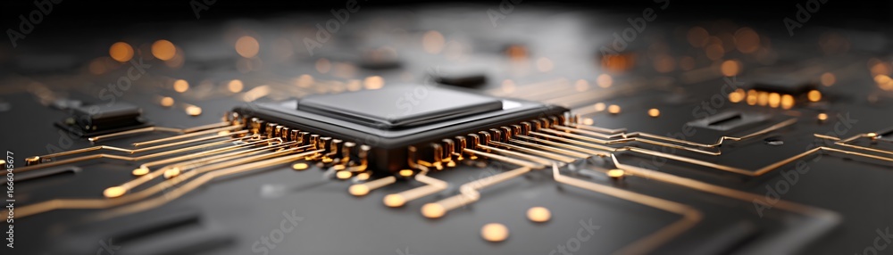 Aufkleber abstract minimal glowing circuit pattern shaped like ai chip, floating on futuristic surface, copysp