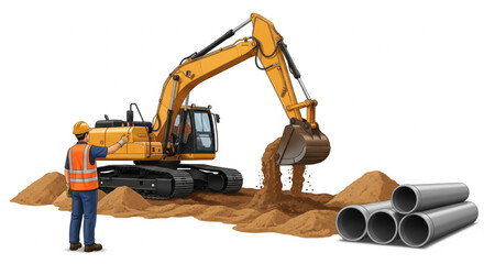 An excavator digs into the ground, while a worker oversees the operation near a stack of pipes.