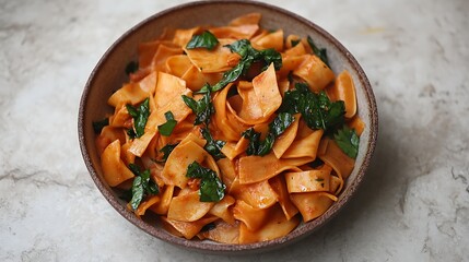 Fresh Pappardelle Pasta with Tomato Sauce  Basil in Ceramic Bowl Overhead Shot.
