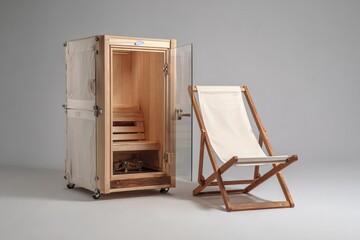 A wooden sauna with a glass door beside a folding chair. The sauna features a natural wood interior and a minimalist design, ideal for relaxation and wellness.
